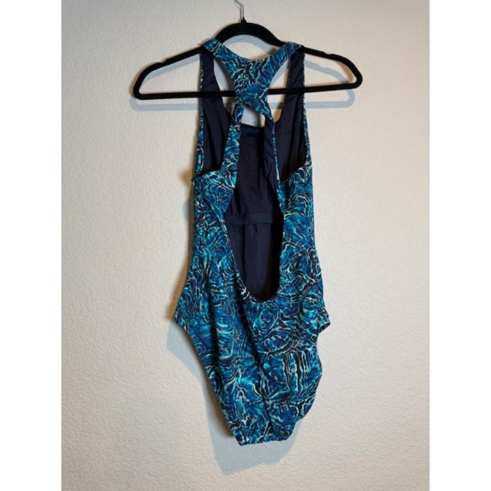 TYR Womens One Piece Swimsuit Blue Teal Water Print Racerback NWOT Sz L - Picture 8 of 8